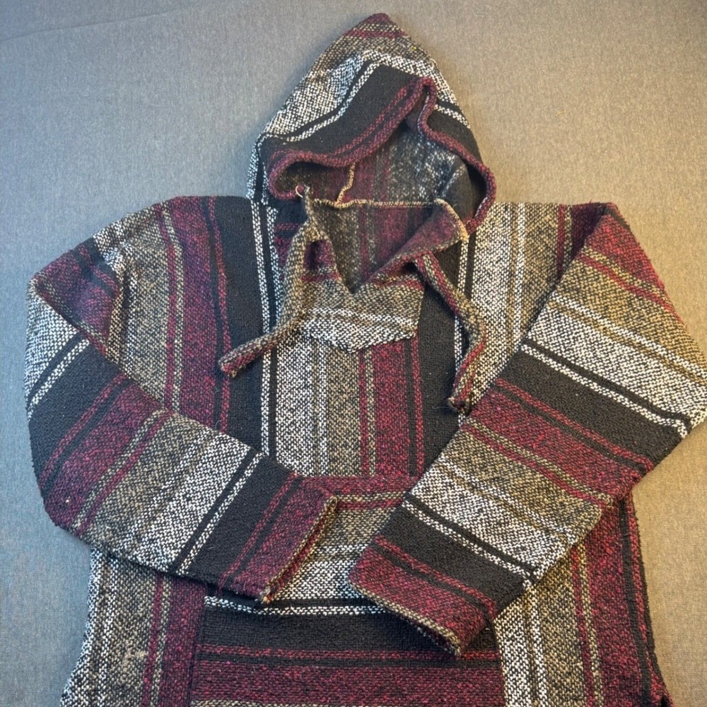 Mens Baja Hoodie Drug Rug Poncho Pullover Black Red‎ Striped Festival medium